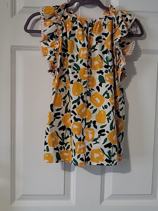 THML Floral Ruffle Sleeve Cotton Blouse Yellow Green Women’s Small - Picture 3 of 8